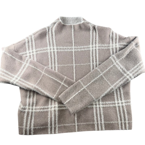 Tahari Sweaters - Tahari Womens Tan Plaid Fuzzy Mock Neck Sweater Size Large Windowpane Knit